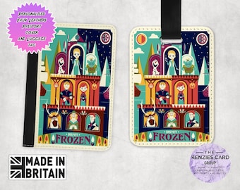Personalised Matching Faux Leather Disney Passport Cover and Luggage tag, Travel Accessory Gift Set, Disney Frozen Disney Princess Elsa