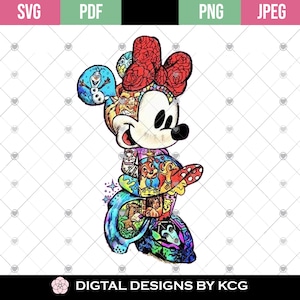May include: A colorful digital illustration of a cartoon mouse with a red bow. The mouse is made up of various Disney characters, including Mickey Mouse, Minnie Mouse, Donald Duck, Goofy, and others. The illustration is in a cartoon style and is perfect for use in digital projects.