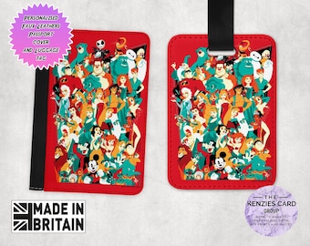 Personalised Matching Faux Leather Disney Passport Cover and Luggage tag, Travel Accessory Gift Set, Disney Character Edition