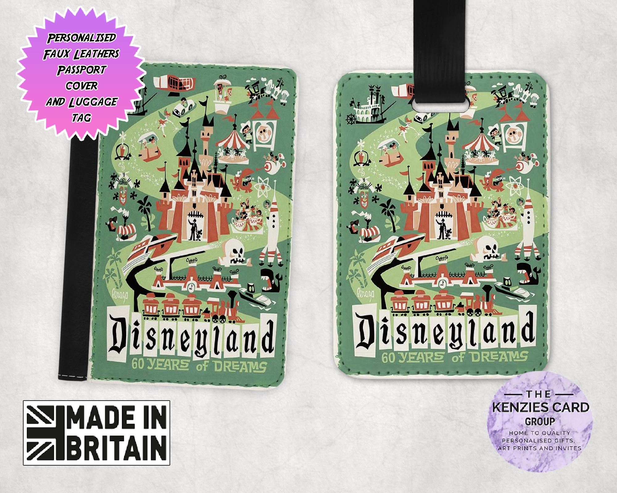 Personalised Matching Faux Leather Disney Passport Cover and Luggage tag, Travel Accessory Gift Set, Disneyland Edition