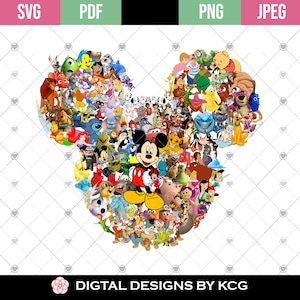 Könnte beinhalten: Eine farbenfrohe Illustration von Mickeys Kopf, die aus verschiedenen Disney-Charakteren besteht. Zu den Charakteren gehören Mickey Mouse, Minnie Mouse, Donald Duck, Goofy, Pluto und viele mehr.