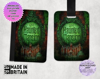 Personalised Matching Faux Leather Disney Passport Cover and Luggage tag, Travel Accessory Gift Set, Disney&#39;s Haunted Mansion Edition