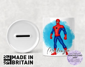 Personalised Spiderman Money Box, Ceramic Piggy Bank for Kids with Name,  Bedroom / Nursery Decor, Money Tin, Savings