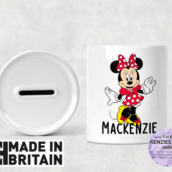 Caja de dinero personalizada de Minnie Mouse, alcancía de cerámica para niños con nombre, decoración de dormitorio / guardería, lata de dinero,