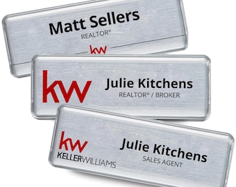Customized Keller Williams Realtor Name Tag for Agents in Brushed Silver or White