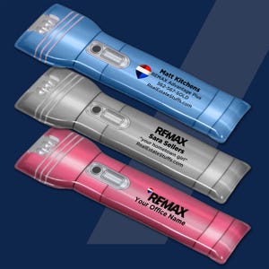 May include: Three handheld flashlights in blue, silver, and pink. Each flashlight features a rectangular power switch and custom printed text. The blue one reads Matt Kitchens, the silver one reads Sara Sellers, and the pink one reads Your Office Name.