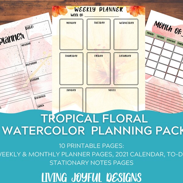 Daily, Weekly and Monthly Undated Tropical Watercolor Floral Planner + 2021 Yearly Calendar & 2 Stationary Pages (A4, A5, U.S. Letter, 6x9)