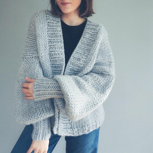Oversized Knit Long Cardigan Hoodie Balloon Long Sleeve Pocket Jacket