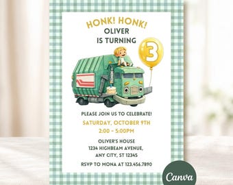 Hank and Trash Truck Birthday Invitation, Dump Truck Party, Editable 3rd Birthday, Any Age Birthday
