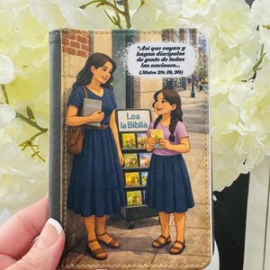 May include: A Bible cover featuring an illustration of two women, one holding a book and the other holding a small book. The cover has the text "Lea la Biblia" and a quote in Spanish. The background is a blurred image of white flowers.