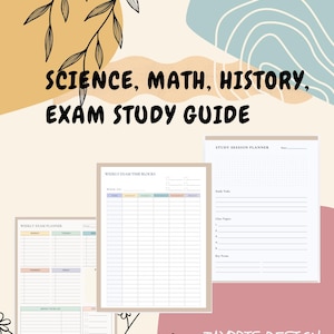 Peut inclure: Un guide d'étude imprimable pour les examens de sciences, mathématiques et histoire. Le guide comprend un planificateur d'examens hebdomadaire, des blocs de temps d'examens hebdomadaires et un planificateur de séances d'étude.