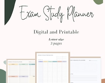 May include: Printable exam study planner with three pages: a weekly exam planner, a weekly exam time block planner, and a study session planner. The pages are designed with a light brown background and pastel coloured lines.