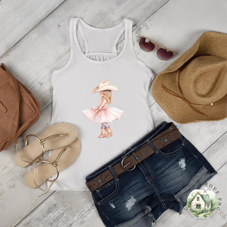 May include: A white racerback tank top featuring a graphic illustration of a person wearing a cowboy hat, a light pink dress, and cowboy boots. The tank top is displayed alongside a brown straw cowboy hat, dark blue denim shorts, and sandals.