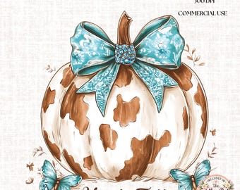 Howdy Fall Cowwhide Pumpkin PNG: Western Turquoise Bow (Descarga digital)