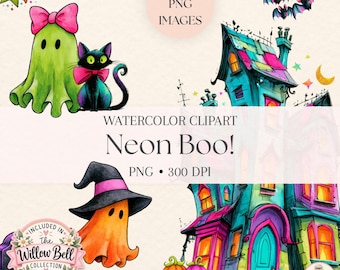 Neon Halloween Clipart Bundle, Colorful Ghost PNG, Watercolor Halloween Clip Art, Cute Spooky Ghosts, Pumpkins, Bats, Witchy PNG