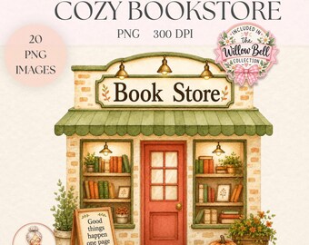 Cozy Bookshop Watercolor Clipart Bundle | 20 PNG Images | Autumn Book Clipart | Book Lover Graphics | Cozy Fall Clipart | Commercial Use