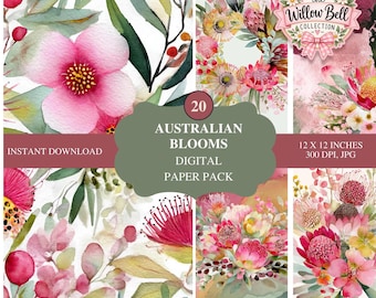 Australian Blooms Digital Paper Pack | 20 Watercolor Florals | Printable Scrapbook & Junk Journal Pages | Commercial Use
