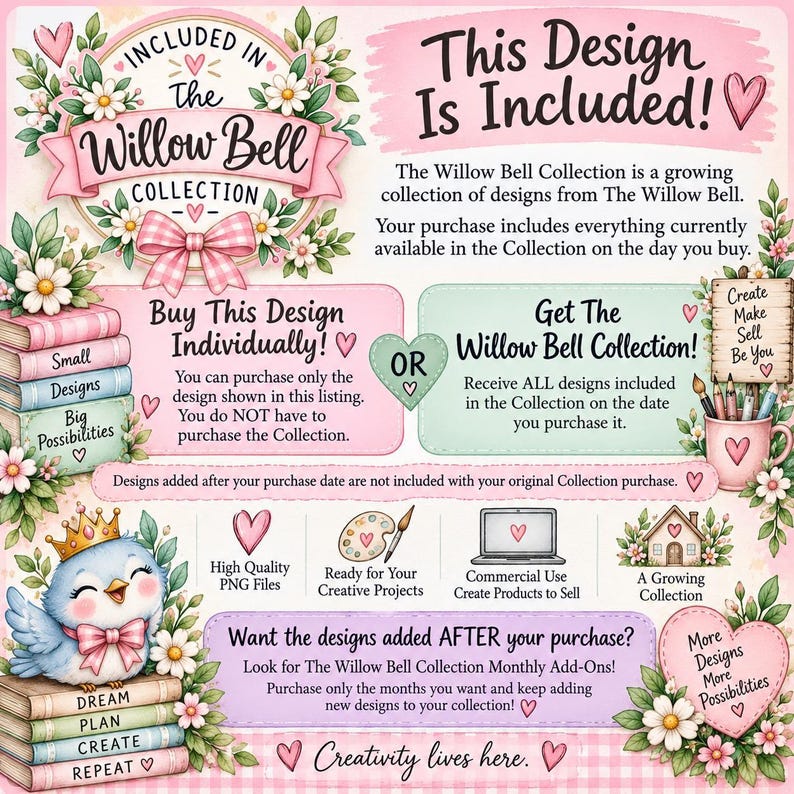 May include: An informational graphic for The Willow Bell Collection featuring pastel pink and blue floral accents, a cartoon bird wearing a crown on a stack of books, and text explaining purchase options for individual designs or the full collection.