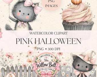 Pink Halloween Clipart Bundle | Watercolor Ghosts, Cats, Bows (101 PNGs)