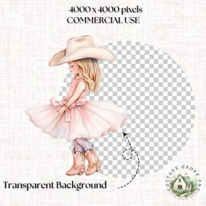 May include: A digital illustration of a blonde child wearing a light pink tutu dress, a wide-brimmed cowboy hat, and matching light brown cowboy boots. The image features a transparent background and includes the text 4000 x 4000 pixels COMMERCIAL USE.