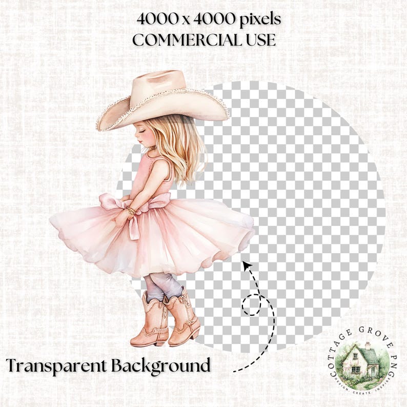 May include: A digital illustration of a blonde child wearing a light pink tutu dress, a wide-brimmed cowboy hat, and matching light brown cowboy boots. The image features a transparent background and includes the text 4000 x 4000 pixels COMMERCIAL USE.