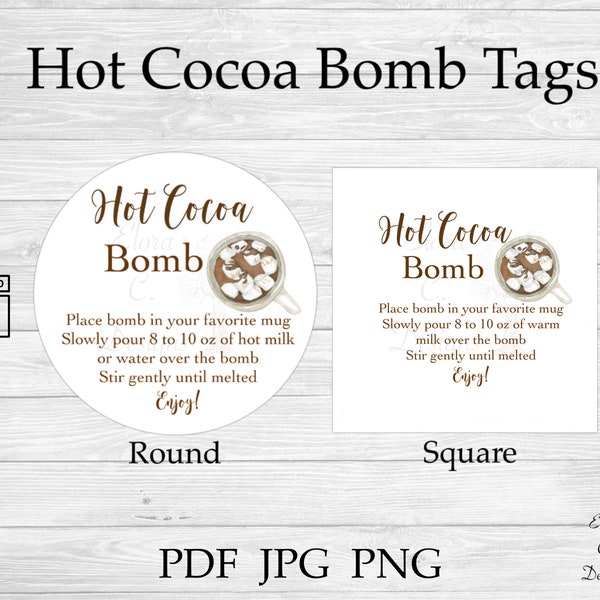 Hot Cocoa Bomb Tags or Sticker, Hot Chocolate Bomb Instruction Card, HCB Tags, Watercolor Tag, Instant Digital Download
