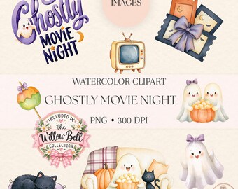 Movie Night Ghost Clipart Bundle |50 Cute Halloween PNG | Cozy Autumn Ghosts, Black Cats & Popcorn | Digital Download Commercial Use