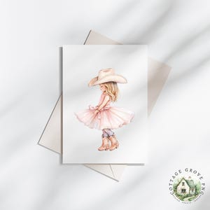 May include: A watercolor illustration of a figure with long blonde hair wearing a light pink tutu dress, a wide-brimmed beige cowboy hat, and matching beige cowboy boots. The figure is standing in a side profile pose on a plain white background.