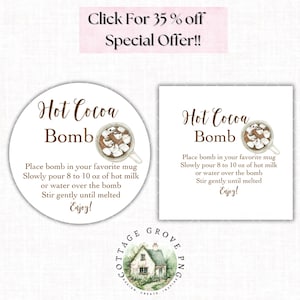 Hot Cocoa Bomb Tags or Sticker, Hot Chocolate Bomb Instruction Card, HCB Tags, Watercolor Tag, Instant Digital Download