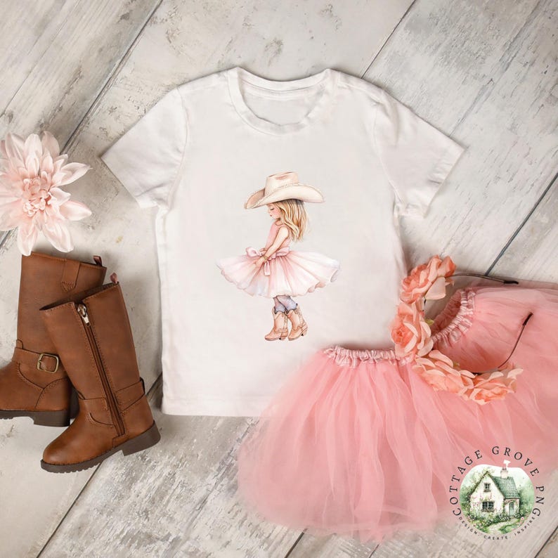May include: A white short-sleeve t-shirt featuring a graphic of a girl wearing a cowboy hat, a pink dress, and boots. The set includes a pink tulle skirt, a floral headband, and a pair of brown leather-look boots with side zippers.
