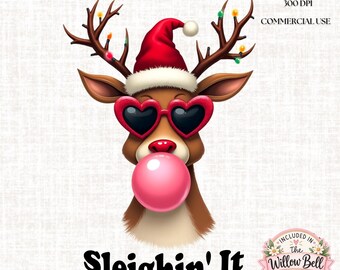 Funny Reindeer Christmas PNG: Santa Hat, Sunglasses (Digital Download)