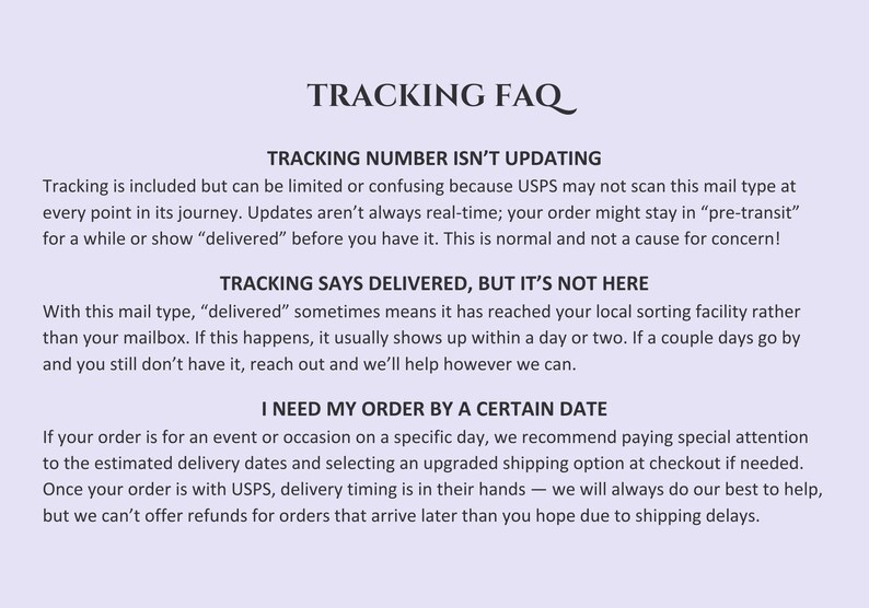Op de afbeelding: Een lichtpaarse afbeelding met de titel "TRACKING FAQ" in een decoratief lettertype. De tekst legt veelvoorkomende trackingproblemen uit, waaronder vertraagde updates, leveringsverschillen en aankomsttijden van bestellingen. Het geeft ook richtlijnen.