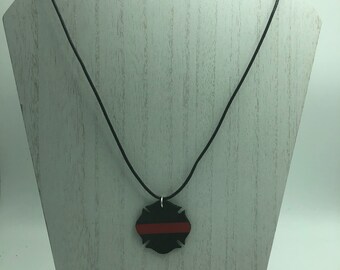 Red Line Leather Maltese Cross Necklace - Firefighter Gift