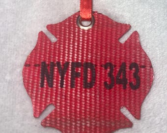 Retired Red Fire Hose Maltese Cross NYFD 343 Memorial Firefighter Christmas Ornament Christmas Gift
