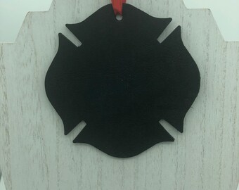 Black Leather Maltese Cross Firefighter Christmas Ornament.