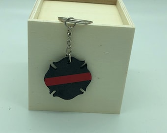 Black Leather Red line Maltese cross keychain Firefighter keychain