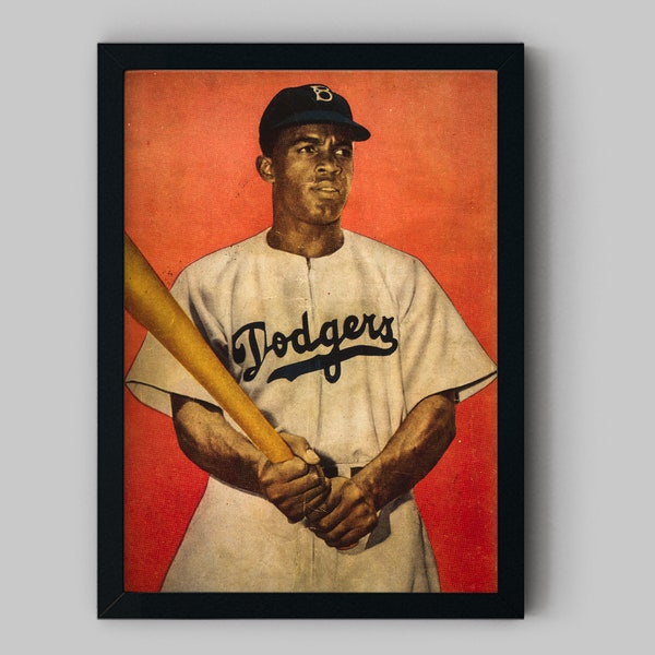 Jackie Robinson Half length portrait print in a Brooklyn Dodgers uniform holding a baseball bat - Fine Art Print