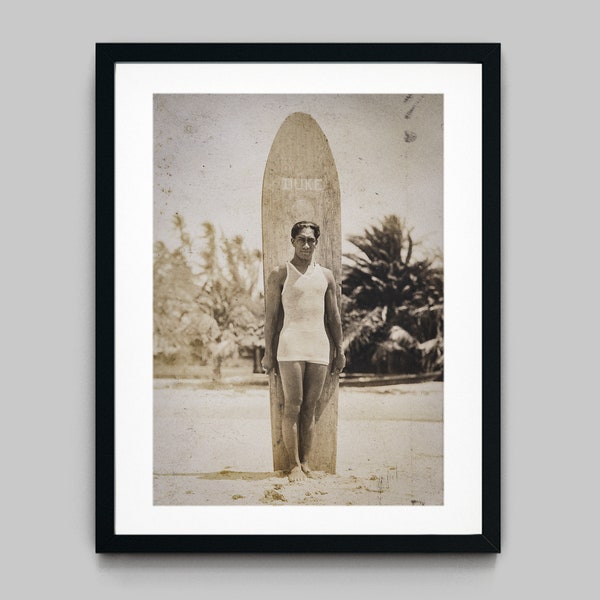 Beach portrait of Hawaiian surfing legend Duke Kahanamoku Black and White Photography Fine Art Print - Wall Decor