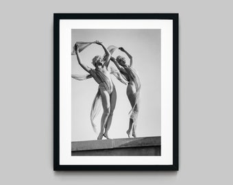 Portrait of female dancers posing outdoors in a dress Black and White Photography Fine Art Print - Wall Decor