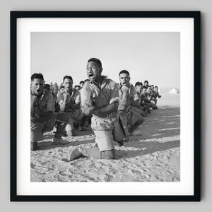 Maori soldiers in North Africa perform a Haka in battle uniform Black and White Photography Fine Art Print - Wall Decor