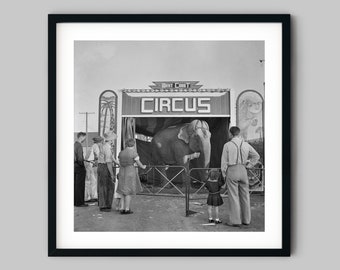 People and families gather at an elephant tent in a circus attraction California USA Black and White Photography Fine Art Print Wall Decor