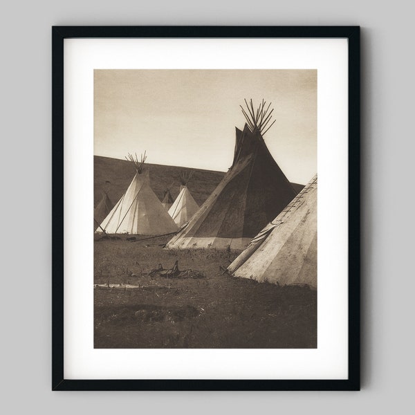 Edward Curtis Native American Atsina camp with teepees Black and White Photography Fine Art Print - Wall Decor