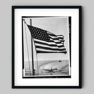 American flag blows in the wind aboard a USA NAVY Air Craft Carrier during WWII Black and White Photography Fine Art Print - Wall Decor