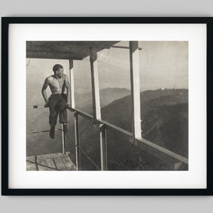 Man on the porch of a scinc landscape lookout in the San Gabriel Mountains Black and White Photography Fine Art Print - Wall Decor