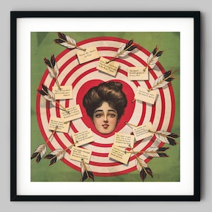 Target of his affections beautiful woman on a bullseye with darts for St. Valentines day Colour Photography Fine Art Print - Wall Decor