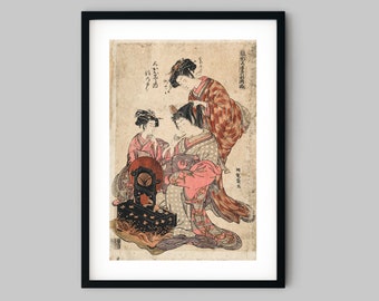 Poster illustration drawing of two Japanese woman combing a lady's hair with a brush Color Fine Art Print - Wall Decor