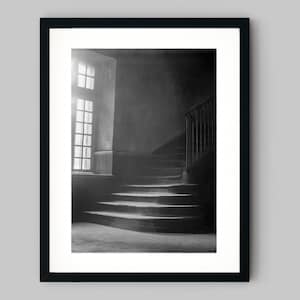 Light shines across an old window and stairway in a dusty convent in New Orleans Black and White Photography Fine Art Print Wall Decor