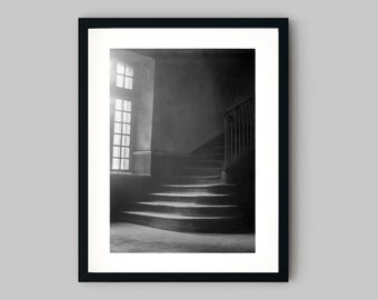 Light shines across an old window and stairway in a dusty convent in New Orleans Black and White Photography Fine Art Print Wall Decor