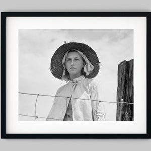 Portrait photo of a farmers daughter in the field wearing a sun hat Georgia USA Black and White Photography Fine Art Print - Wall Decor