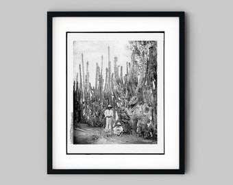Men sit by a cactus fence in Salamanca, Mexico Black and White Photography Fine Art Print - Wall Decor